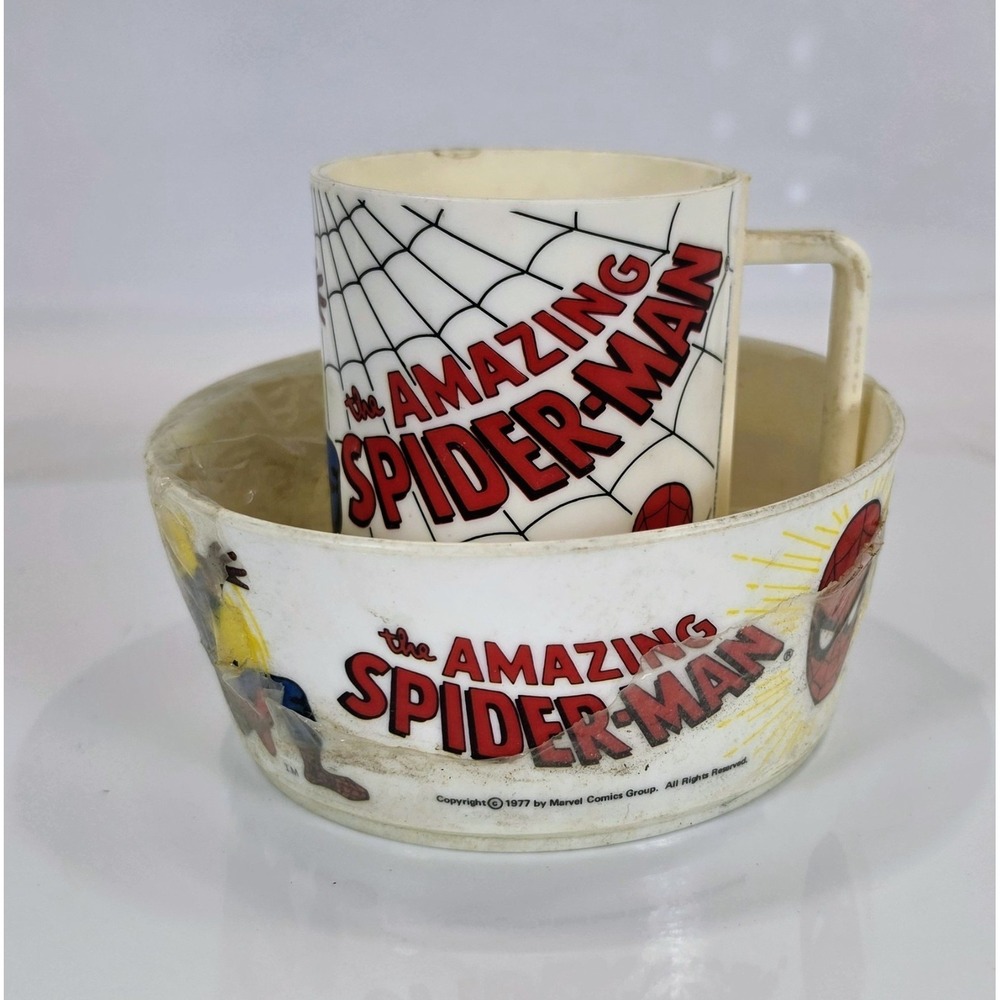 Vintage 1977 Deka The Amazing Spider-Man Plastic Cup Mug & Cereal Bowl Set...